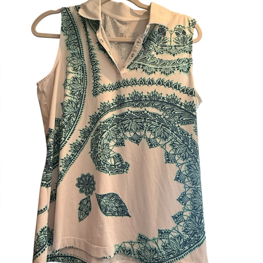 Tail Cream Sleeveless Polo Tank with Teal Paisley Print